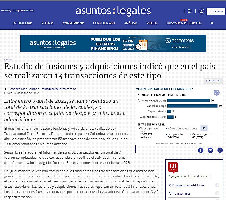 Estudio de fusiones y adquisiciones indic que en el pas se realizaron 13 transacciones de este tipo